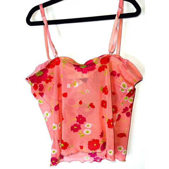 Vintage-Inspired Sheer Floral Pink Mesh Camisole Top  Lace Trim & Padded Cups L - Picture 2 of 3